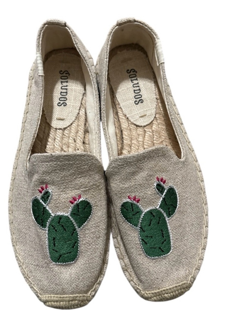 Soludos Natural Espadrille Slip-Ons with Green Cactus Embroidery